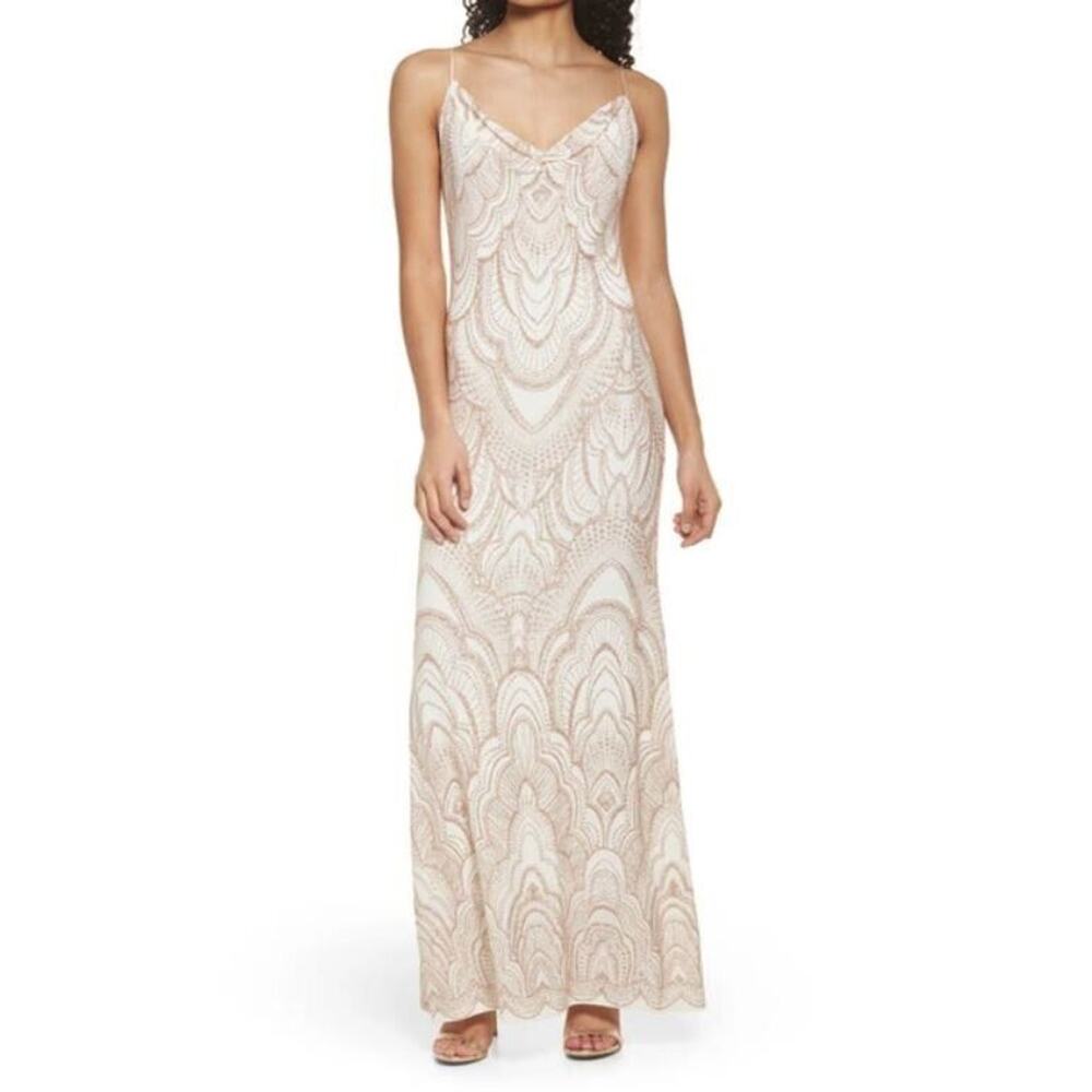 Jump Apparel Women's Cowl Neck Glitter Gown in Ivory Gold Sz4W 5/6Jr. MSRP $139